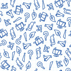 Seamless pattern back to school hand drawn school stationery on white background
