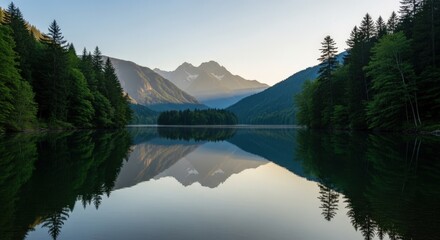 Here's a scenic mountain landscape where snowy peaks and a lush forest reflect perfectly in the clear, still lake water under a vast sky with soft clouds