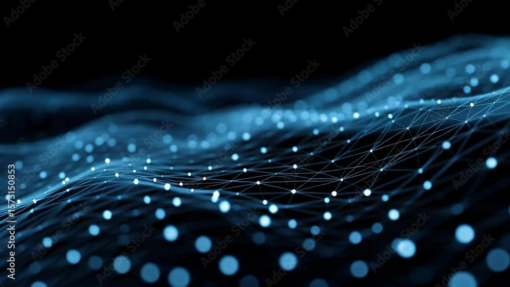 Poster digital wave network with glowing particles in abstract motion over dark background