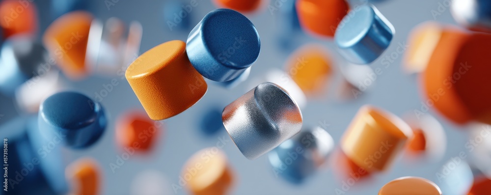 Poster close-up of floating blue and orange geometric objects in motion