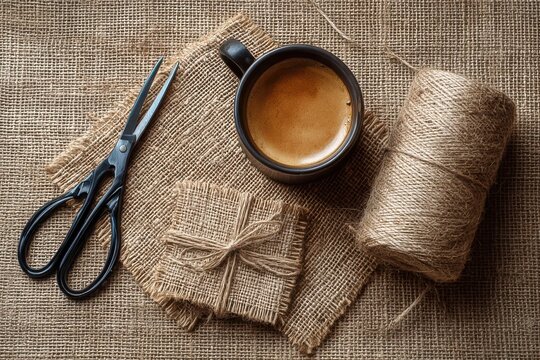 Still life of coffee scissors twine and burlap on a textured burlap surface