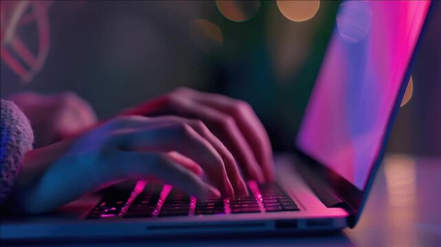 A woman typing on a computer keyboard at night, with lights in the background creating a neon effect.
