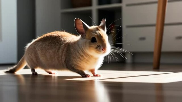 Cute brown degu pet walking on the floor in sunlight indoors. Home pet degu, small animal.