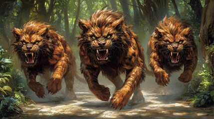 Three lions charging through jungle path; fantasy art for gaming
