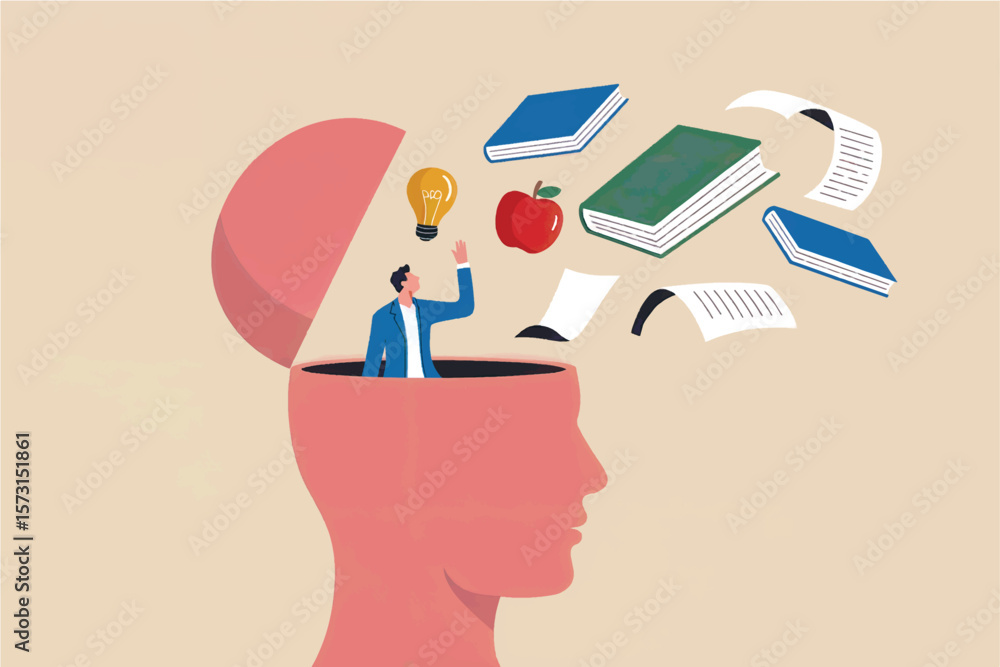 Poster man reaching for knowledge and ideas emerging from an open head symbolizing education and intellectu