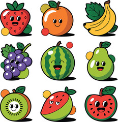 Adorable cartoon fruit characters illustration collection featuring strawberry banana orange and kiwi