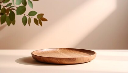 Wooden Plate on Surface with Leafy Branch in Natural Light