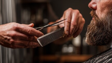 Barber trimming client's hair with scissors and comb in modern barbershop