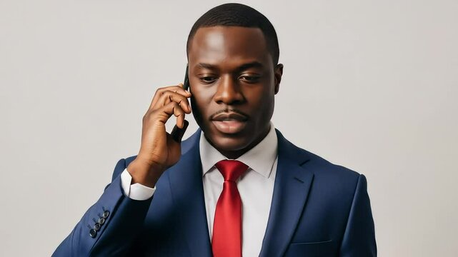 Confident Businessman in Blue Suit Talking on Phone with Red Tie on Neutral Background