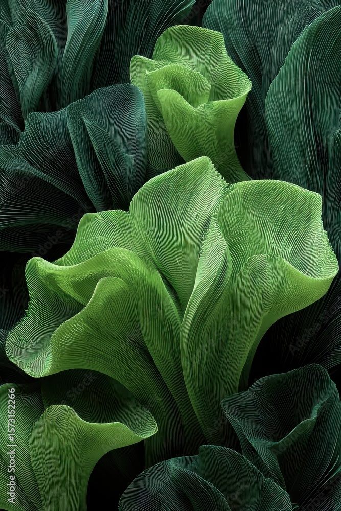 Aufkleber abstract 3d rendering of green organic curves and lines on dark background
