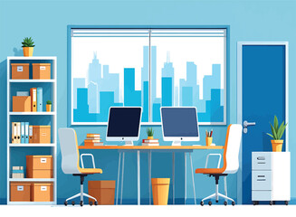 Modern Office Workspace Two Desk Setup with City View