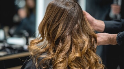 Young woman with freshly highlighted hair sitting in salon chair, showcasing modern blonde hairstyle
