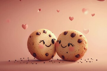 Adorable chocolate chip cookies with cute smiling faces surrounded by floating hearts on a warm backdrop. Perfect for Valentine's Day, food-related designs, or cheerful creative projects.