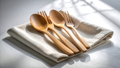 Wooden Spoons and Forks on Linen Napkin in Sunlight