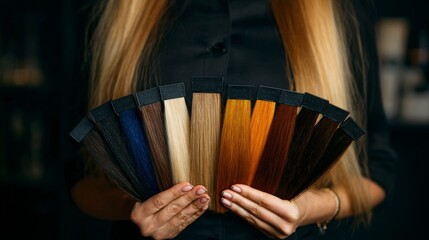 Hairdresser showing a range of colorful hair extension swatches in a salon setting