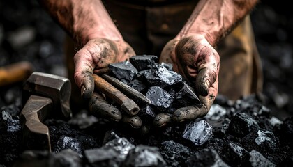 Obraz premium Hands holding coal and tools