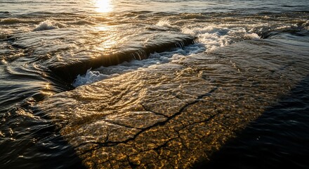 Fototapeta premium Golden Hour River Rapids: Water Cascading Over Textured Rocks at Sunset