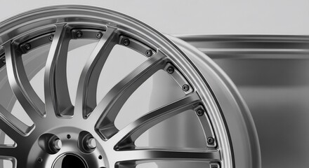Close-up of a polished, metallic car wheel hub with intricate spokes.