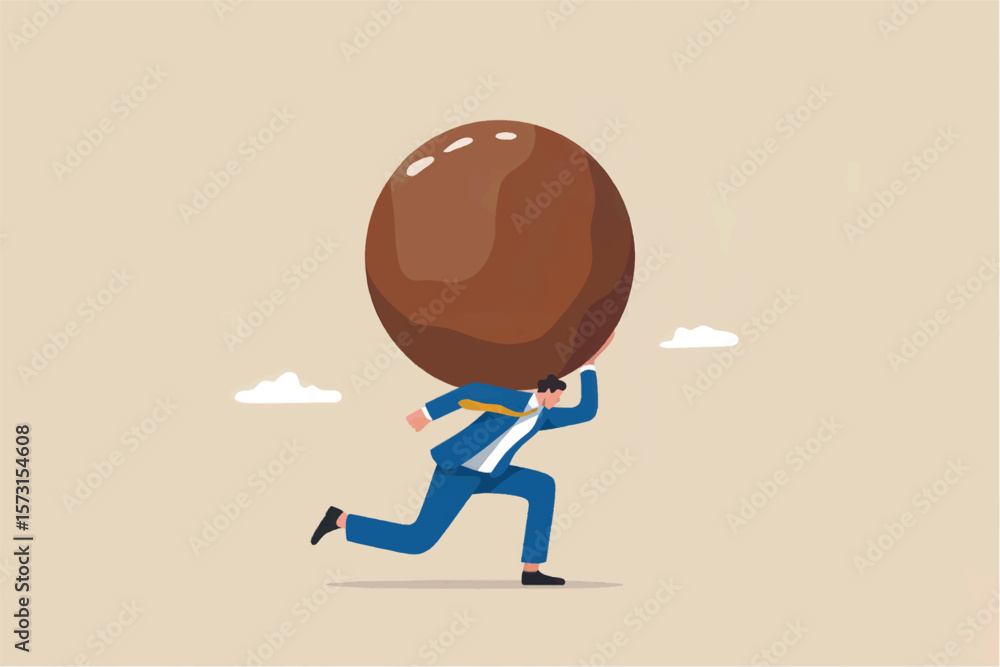 Poster determined businessman in a blue suit carrying a massive brown boulder on his shoulders while runnin