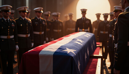 Military honor guard at funeral service with American flag-draped casket  