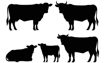 Silhouettes of cows in various poses and sizes