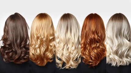 Rear view of woman with wavy haircut in multiple hair colors against white background
