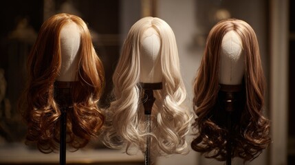 Collection of synthetic women’s wigs displayed on mannequin heads in a well-lit salon setting"