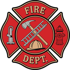 Vintage fire department badge emblem with detailed illustrations of firefighting elements