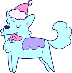 hand drawn line drawing of a happy dog wearing santa hat in bright neon color