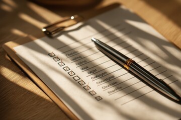 Fototapeta premium Checklist with items highlighted and a metallic pen on a clipboard