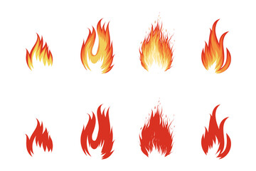 Cartoon campfire. Fire flames, bright fireball, heat wildfire and red hot bonfire, campfire, red fiery flames isolated vector illustration set.