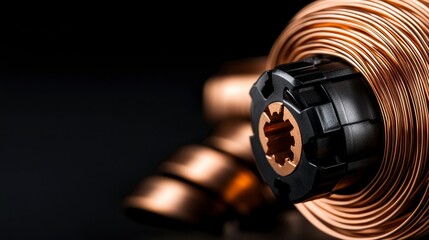 Close up view of an electric motor with copper wires showcasing mechanical engineering and industrial detail. imagery reveals intricate wiring a powerful electric motor component