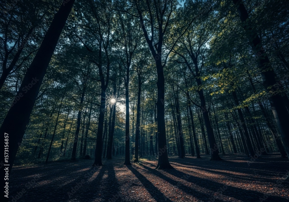 Poster sunlit forest path - sunlight streams through a dense forest, creating long shadows on the ground. t