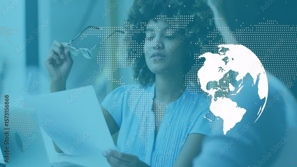 Poster globe overlay appearing triggers business analyst adjusting glasses reading report discussing data