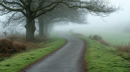 Fototapeta premium Foggy country road winds through trees