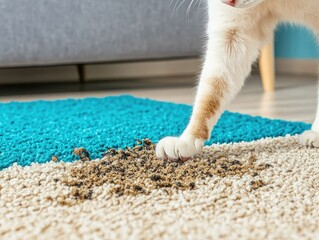 Cat paw in a dirty spot on beige carpet