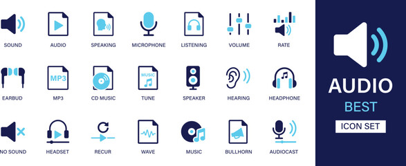 Audio icon set collection. Sound, audio, speaking, microphone, listening, volume, earbud, music, tune, speaking, hearing and best solid icon set.