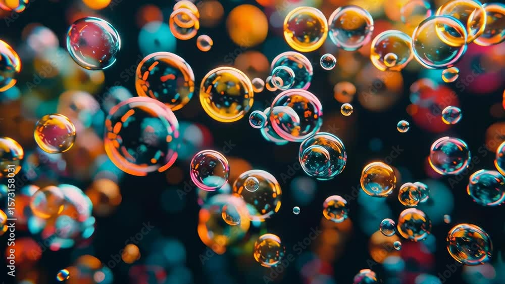 Poster colorful floating soap bubbles with neon glow and dark background in slow motion