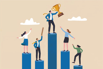 Successful businessman holding trophy on highest podium with diverse team celebrating achievement and striving for success isolated on transparent background