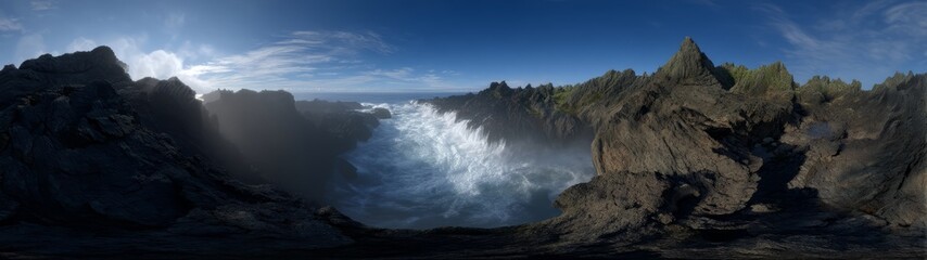 Obraz premium Coastal waves crashing ocean viewpoint hdr 360 degrees hdri landscape