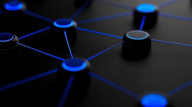 Abstract digital network connection background with blue glowing nodes and lines on a dark surface showcasing modern technology concepts. Illuminating futuristic circuitry design a vibrant