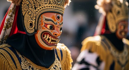 Obraz premium Ornate Masked Dancer: Balinese Barong Performance, Cultural Heritage, Detailed Costume