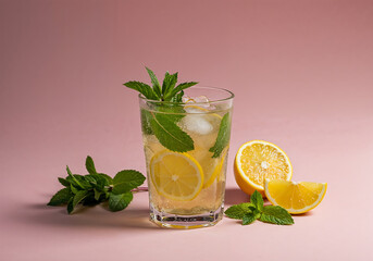 Bright Minimalist Beverage Scene with Herbal Infused Drink, Citrus Slices, and Mint Leaves in Clear Glass on Pastel Background