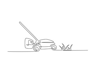 Lawn mower machine in single outline illustration. Continuous line art drawing of grass cutter machine.
