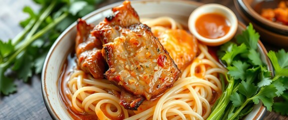 Crispy roast pork, rice noodles, vibrant greens, rich sauce,  lunch,  hoisin sauce