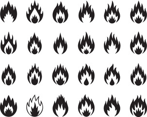 Set of Simple Black Fire Icons on White Background