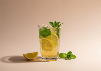 Fototapeta premium Bright Minimalist Beverage Scene with Herbal Infused Drink, Citrus Slices, and Mint Leaves in Clear Glass on Pastel Background