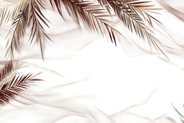 Beige fabric draped, framed by dried palm leaves