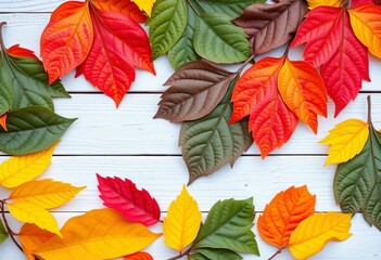 Vibrant jackfruit leaves, various ages, arranged on white wood  Seasonal change, nature's cycle,  wood texture,  vibrant
