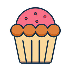 Simple flat icon of a delicious pink frosted cupcake with sprinkles